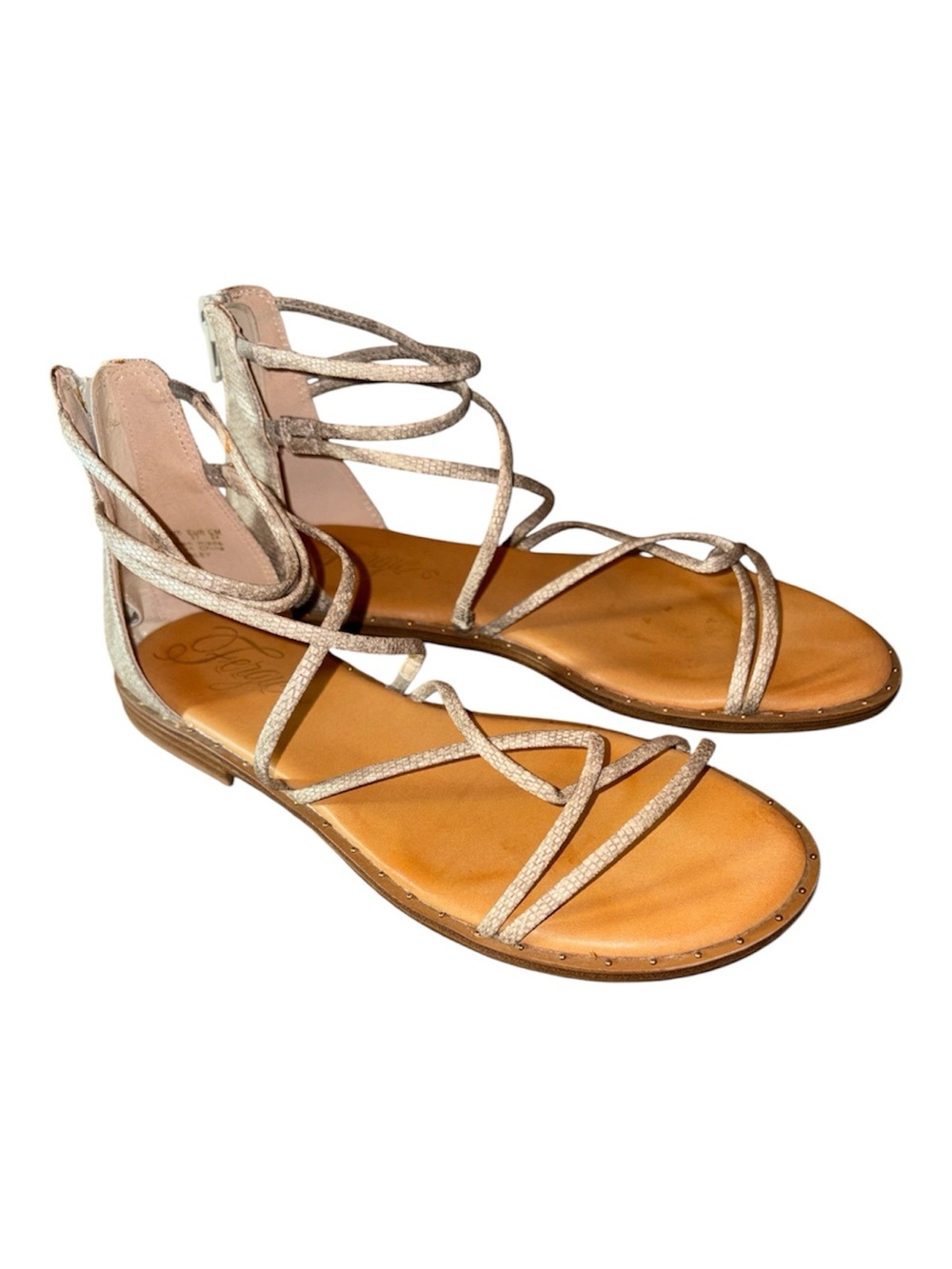 Fergie Brinley zip up crisscross open toe animal print sandals
